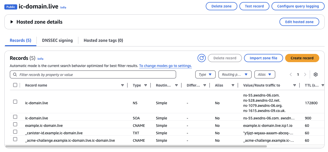 DNS Configuration for `example.ic-domain.live` on Amazon Route 53
